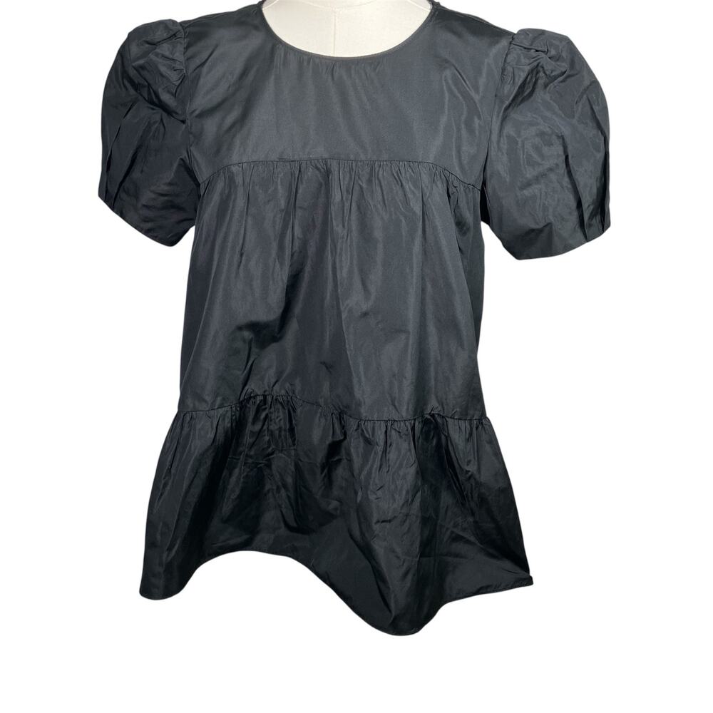 ZARA Black Puff Sleeve Peplum Blouse Small Short Sleeve Tie Back Lightweight New